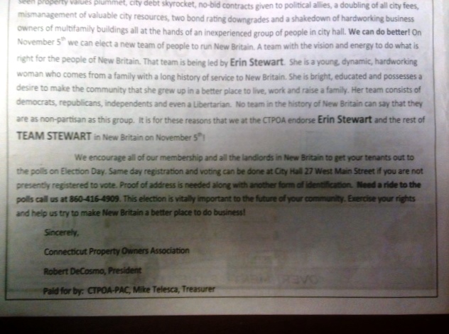 This excerpt from a full-page ad in the 11/1/13 New Britain City Journal on behalf of the Stewart Mayoral campaign says "paid for" by the CTPOA but no expenses were reported for the ad.